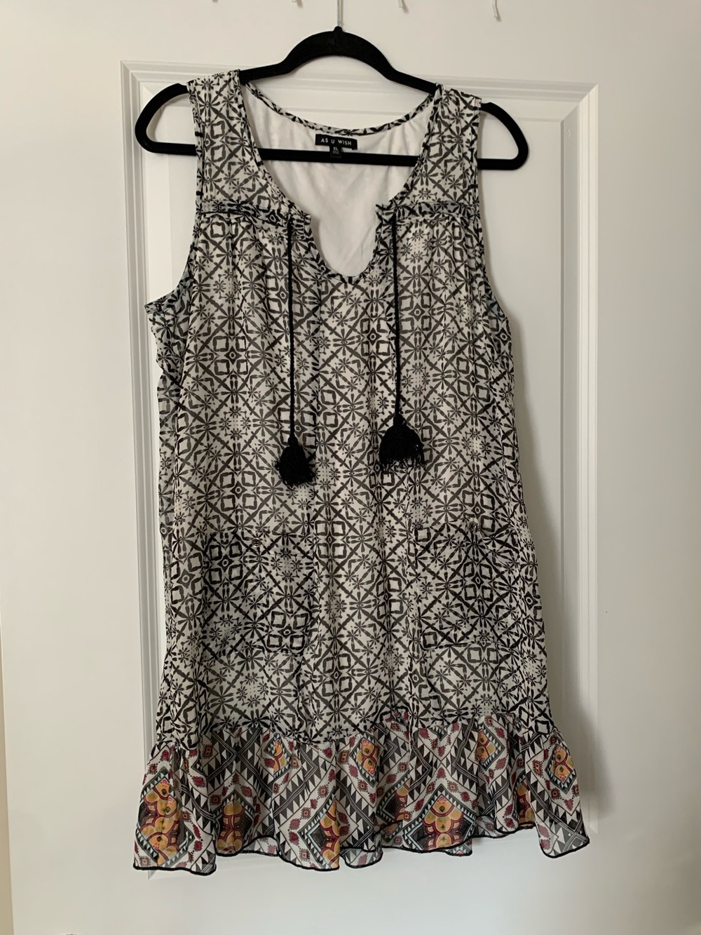 As U Wish Black and White Patterned Sleeveless Mini Dress with Tassels